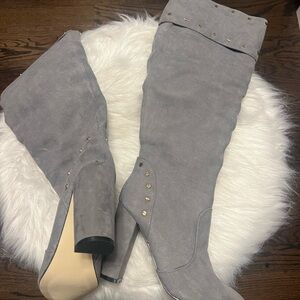 Gray Suede Knee-High Boots